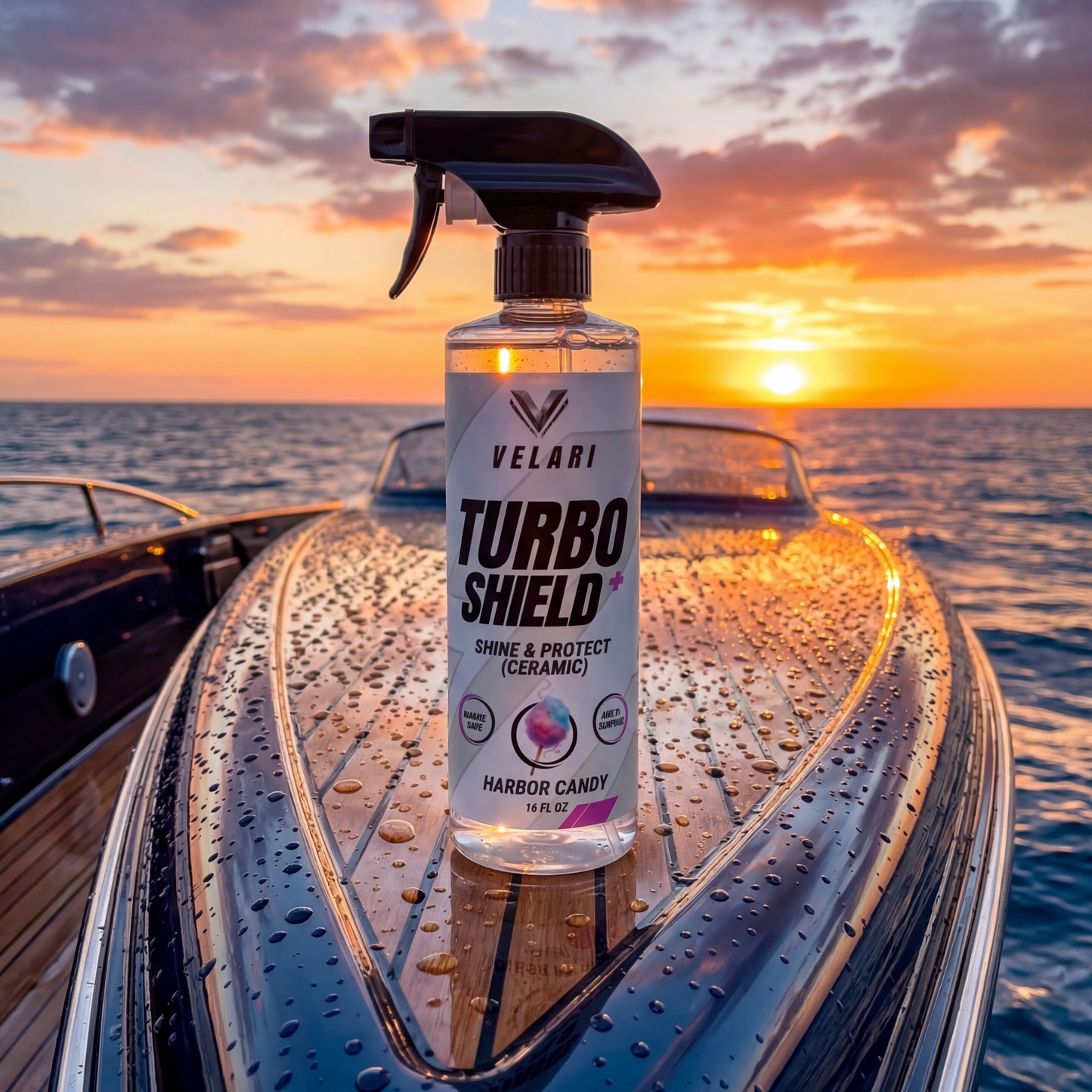 velari turbo shield ceramic spray on boat deck during sunset