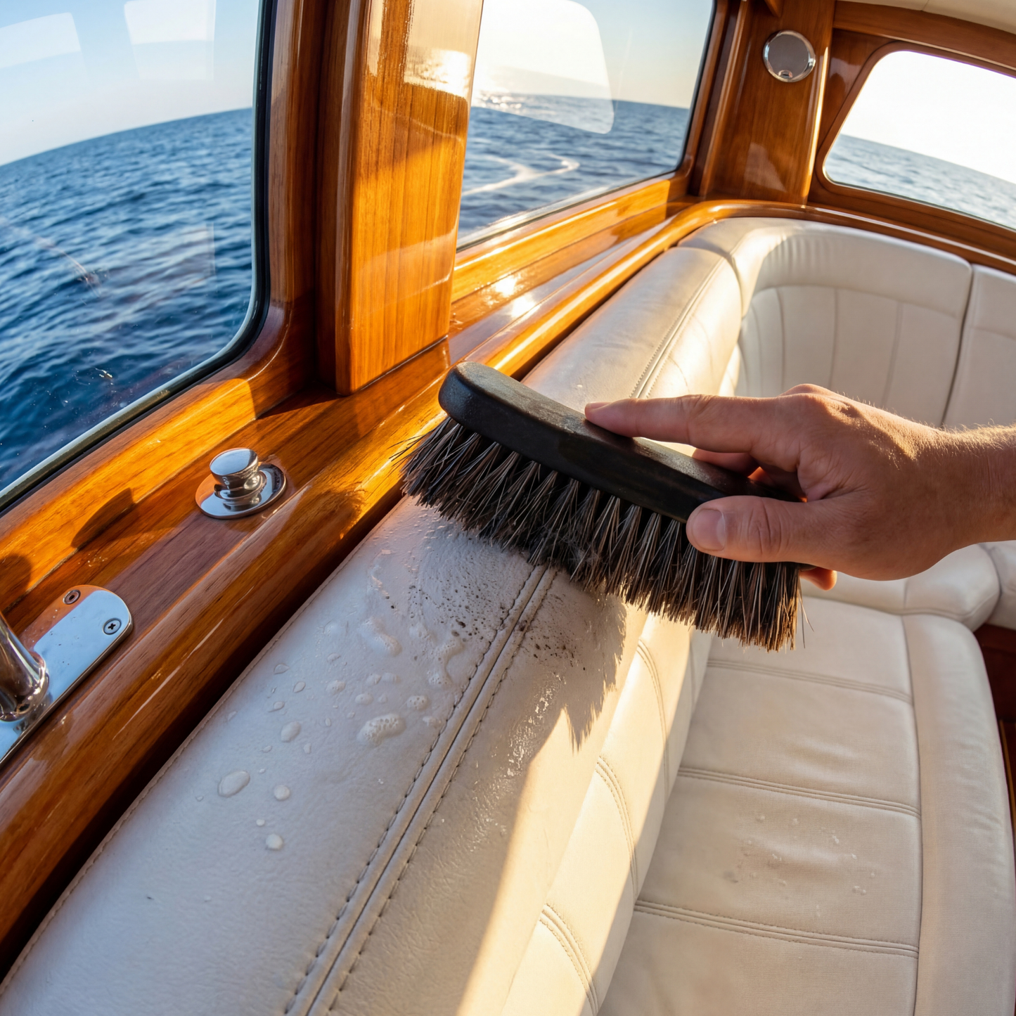 marine detailing brush cleaning vinyl boat interior near window trim