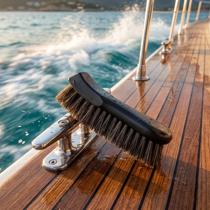 boat detailing brush resting on teak yacht deck with marine cleaning supplies