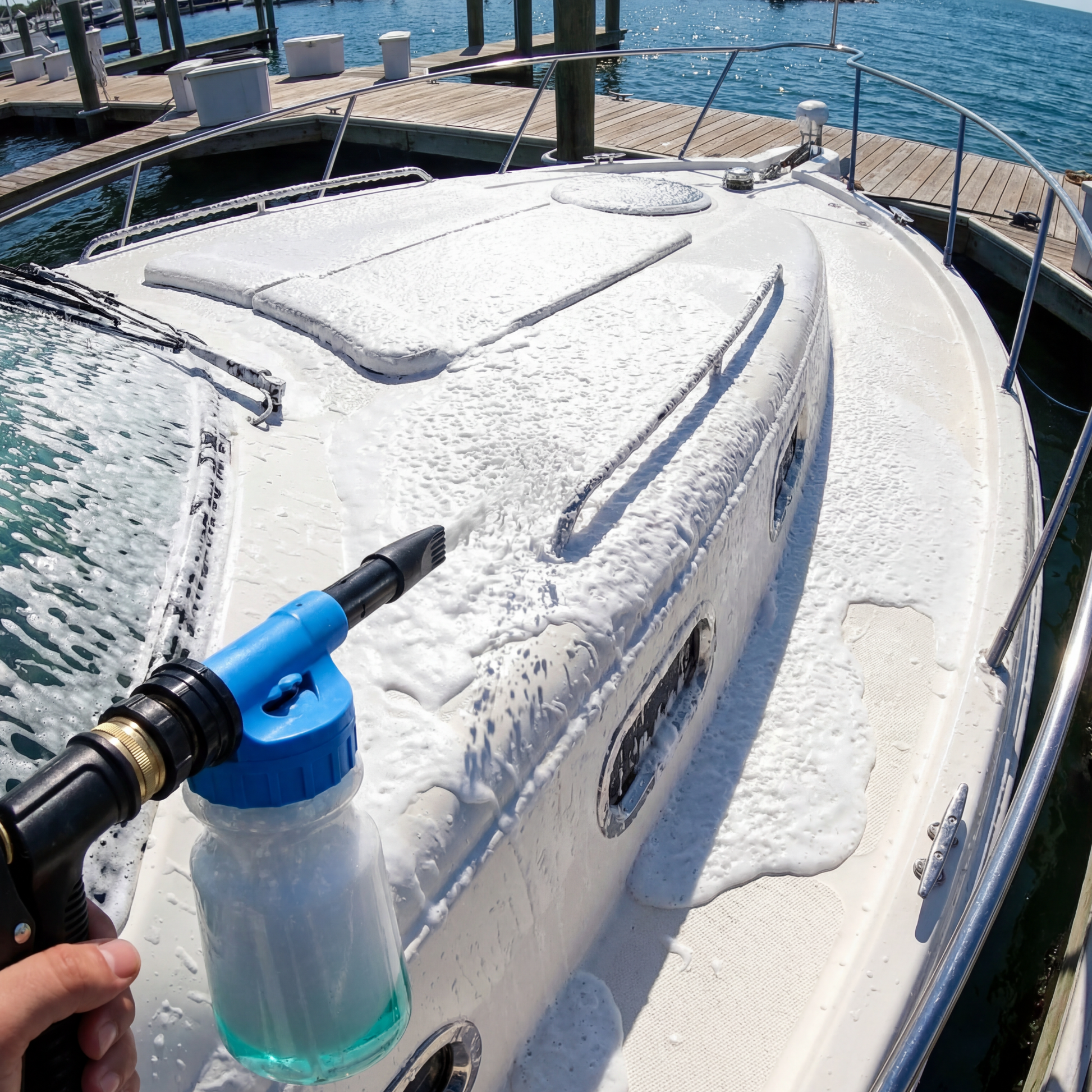 Close-up of foam cannon nozzle and trigger showing textured grip and adjustable spray control
