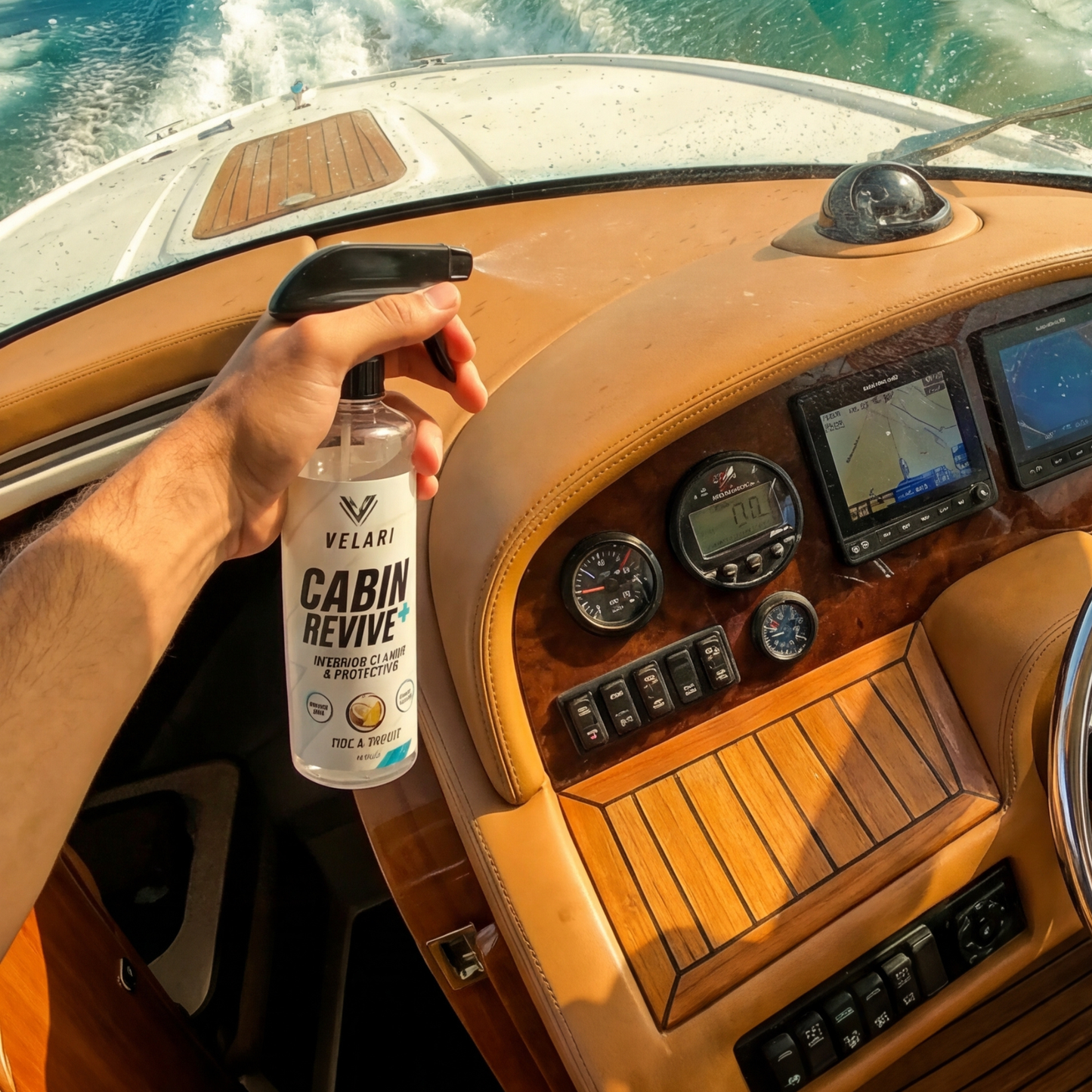 velari cabin revive interior cleaner spraying boat dashboard
