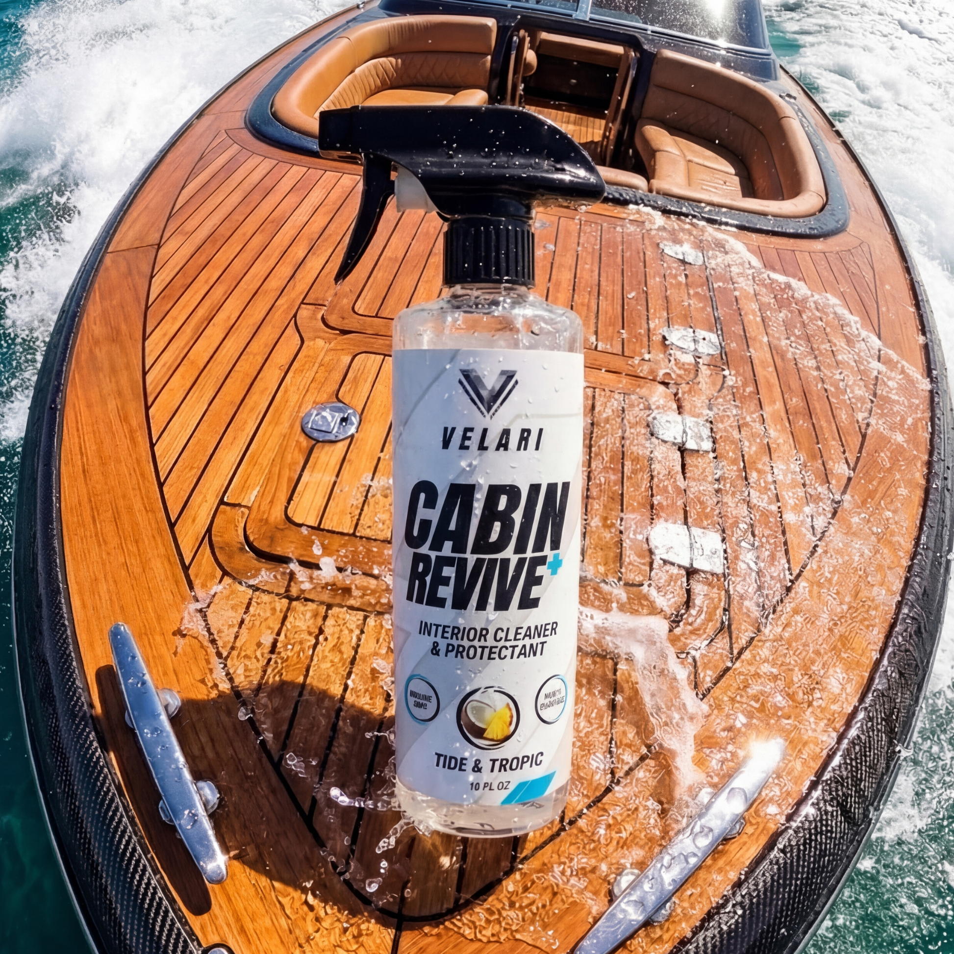 velari interior cleaner bottle sitting on teak boat deck marina setting