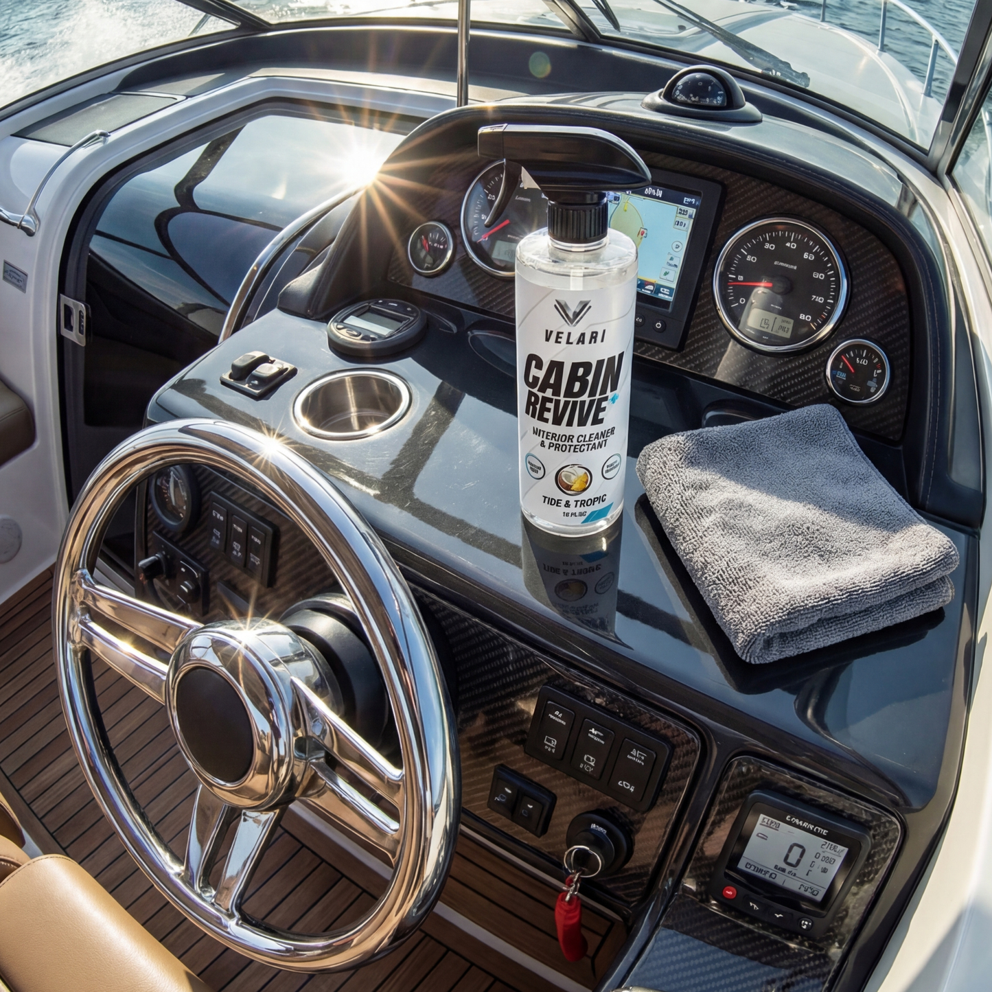 velari interior cleaner used on boat steering console and controls