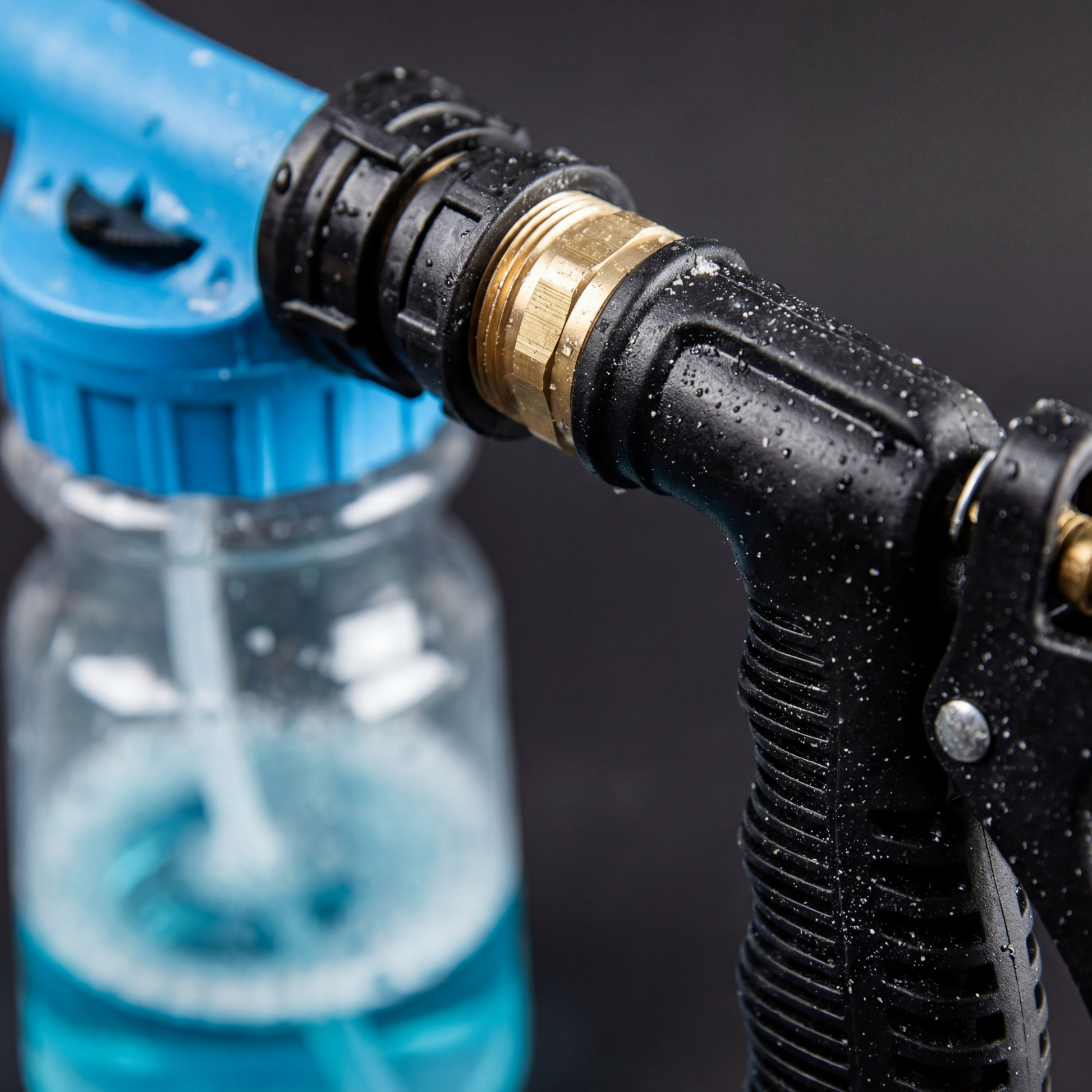 Foam cannon attached to garden hose spraying soap onto boat hull during wash