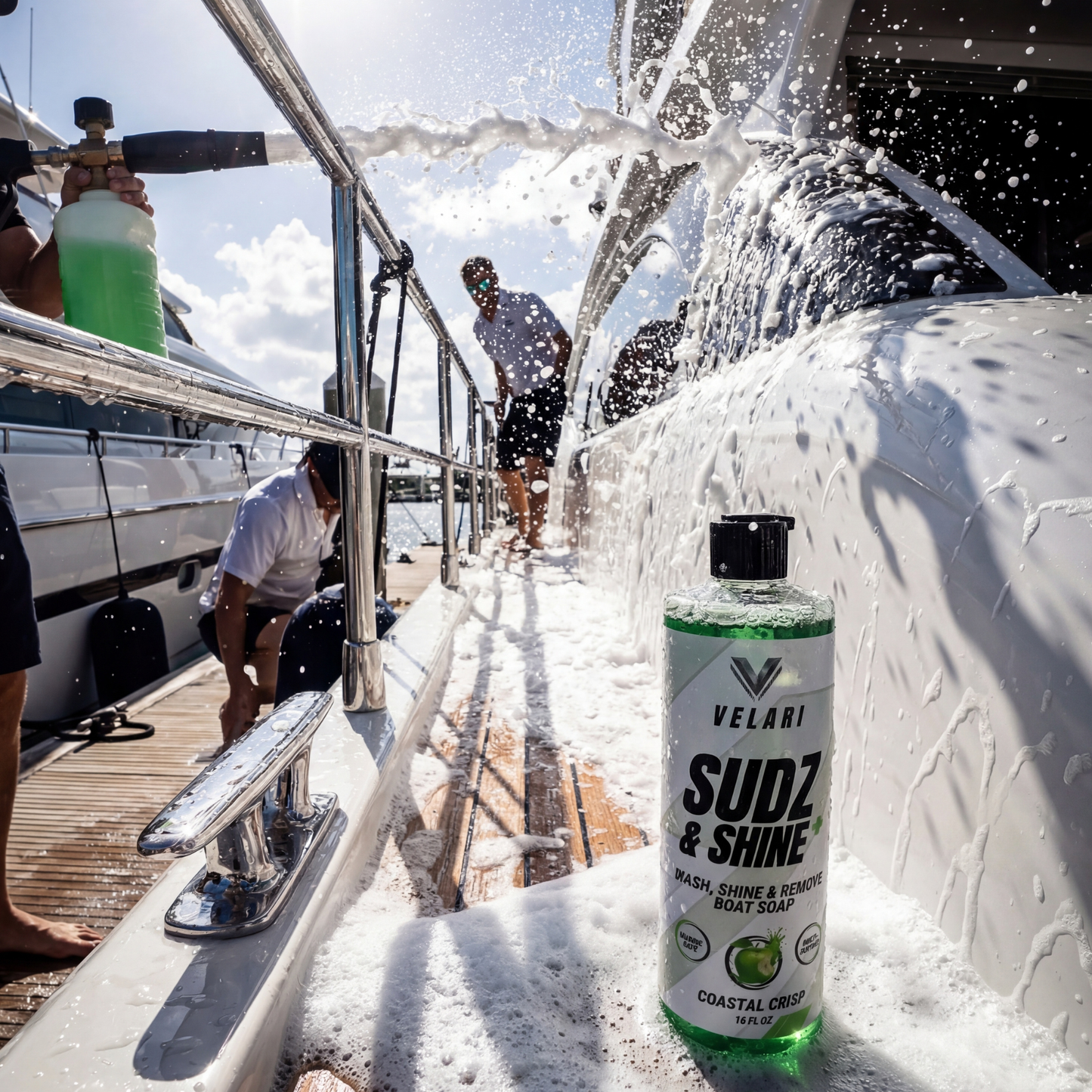 velari sudz and shine boat soap cleaning yacht deck with water spray