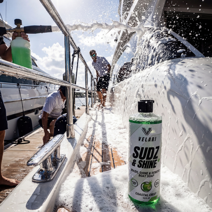 velari sudz and shine boat soap cleaning yacht deck with water spray