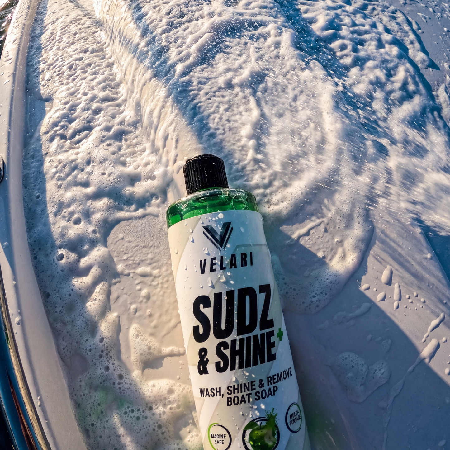 velari sudz and shine boat soap on ocean boat deck surrounded by sea foam