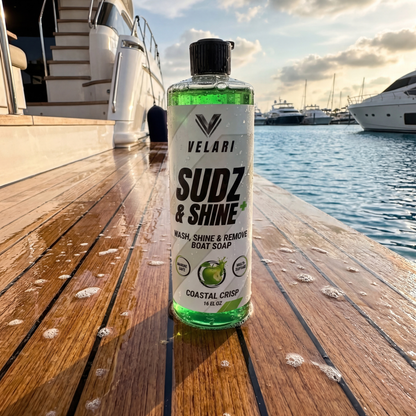 velari sudz and shine boat soap bottle on teak boat deck marina setting