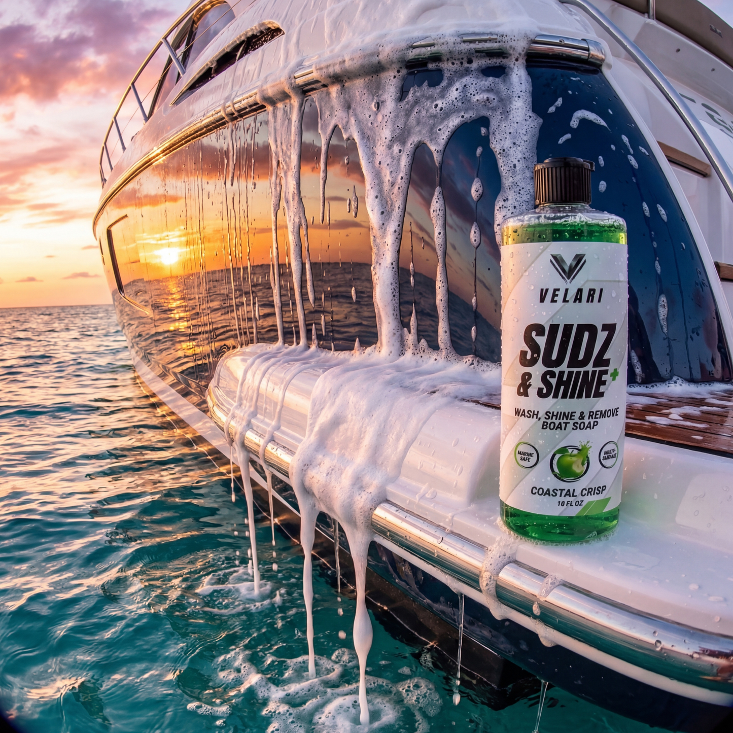 velari boat soap sudz and shine on luxury boat during sunset wash