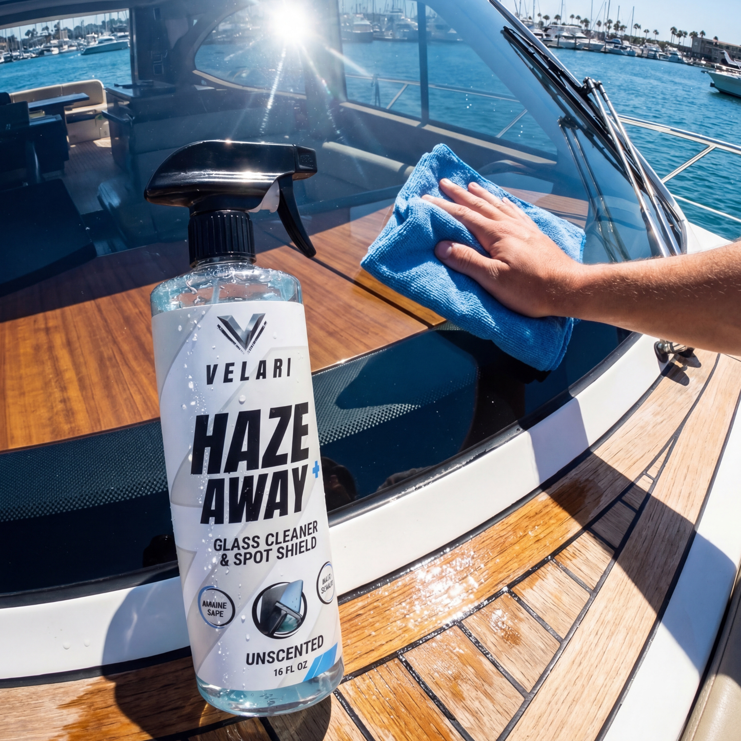 velari haze away glass cleaner wiping boat windshield with microfiber towel