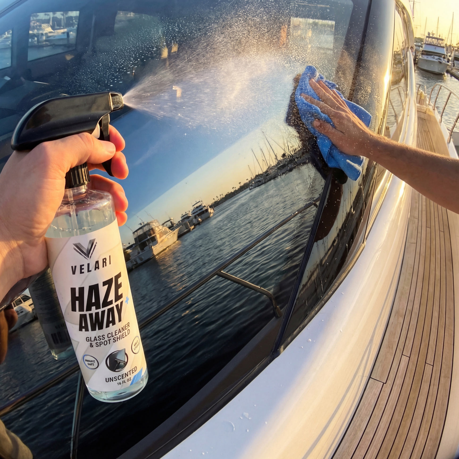 velari haze away cleaner removing salt spray from boat windshield