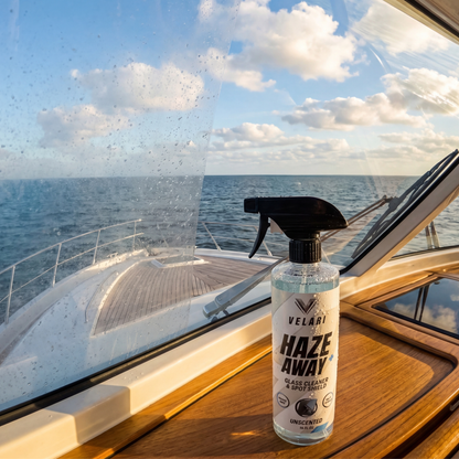 velari marine glass cleaner bottle sitting on boat bow with ocean background