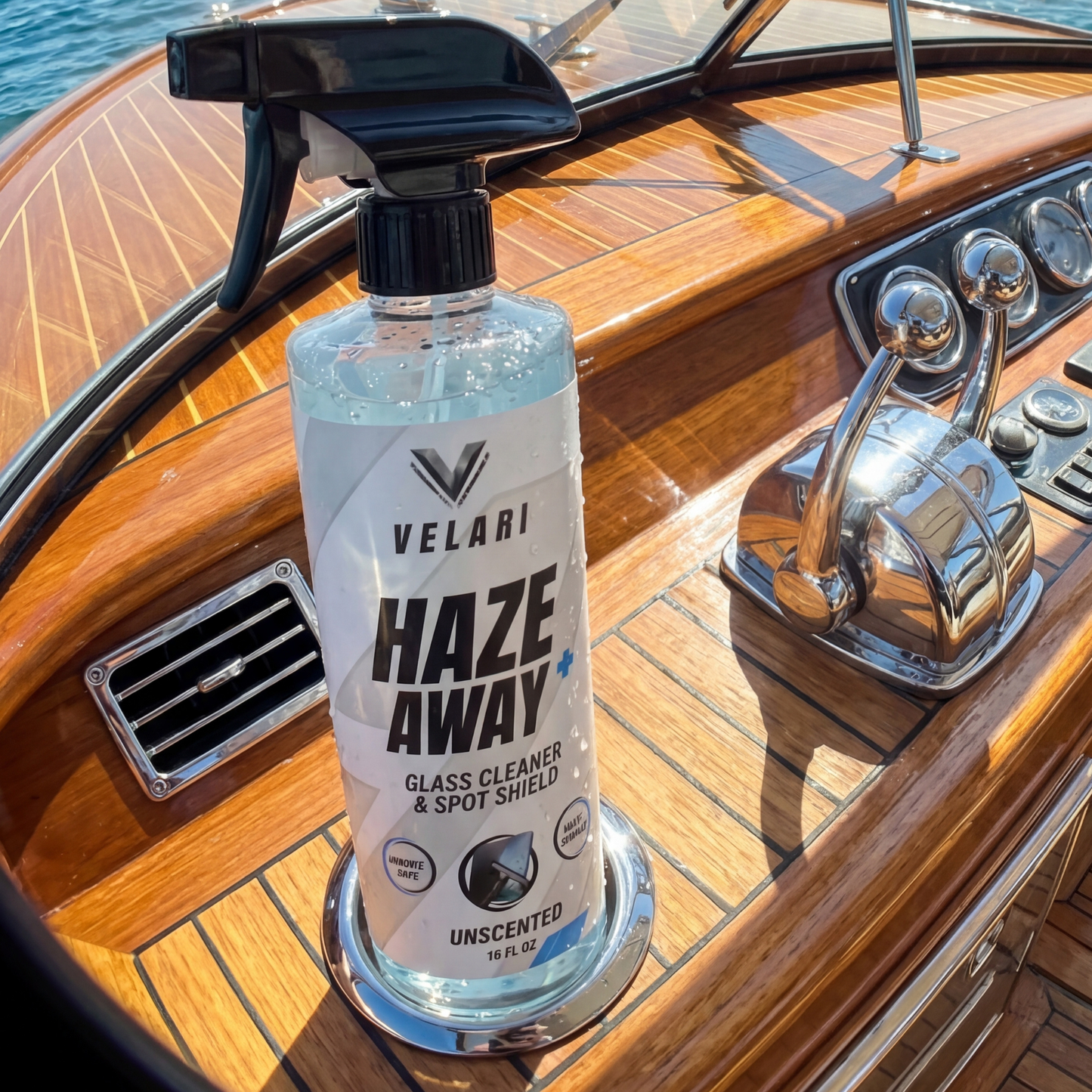 velari haze away glass cleaner used on boat dashboard windshield area
