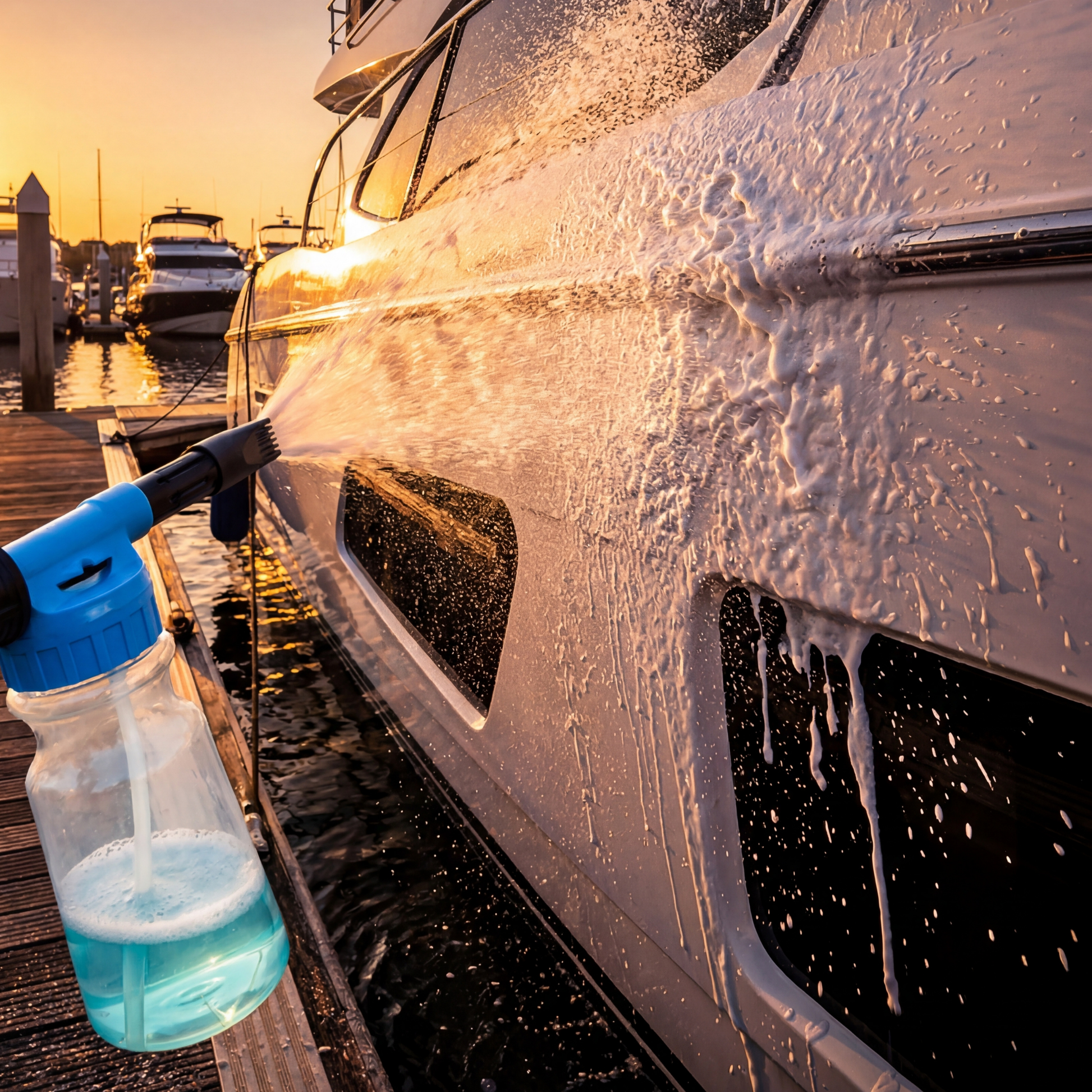 Boat foam cannon parts including bottle nozzle and hose connector displayed in breakdown view