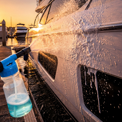 Boat foam cannon parts including bottle nozzle and hose connector displayed in breakdown view