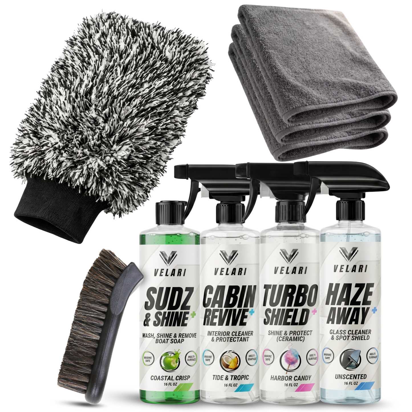 VELARI complete boat care system marine detailing kit with boat soap, interior cleaner, ceramic spray, glass cleaner, microfiber towels, wash mitt and detailing brush