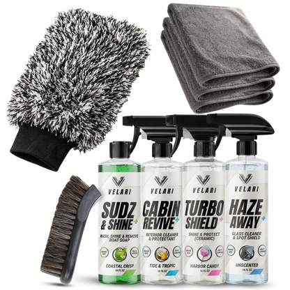 VELARI complete boat care system marine detailing kit with boat soap, interior cleaner, ceramic spray, glass cleaner, microfiber towels, wash mitt and detailing brush