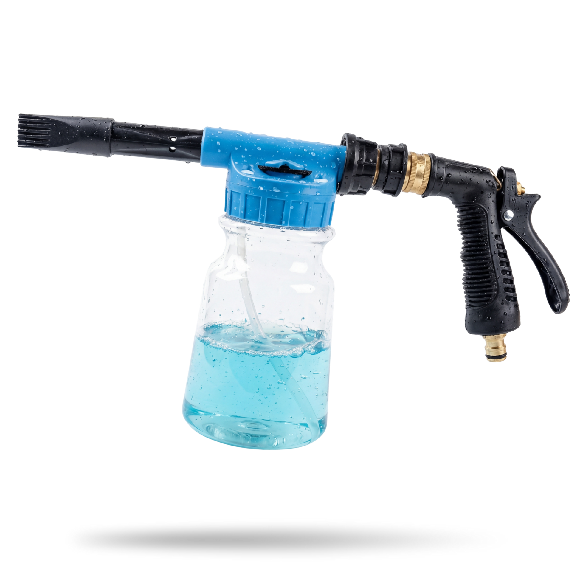 Velari boat foam cannon garden hose sprayer with blue soap bottle on white background