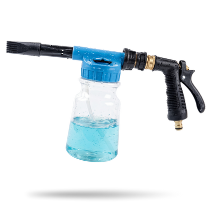 Velari boat foam cannon garden hose sprayer with blue soap bottle on white background