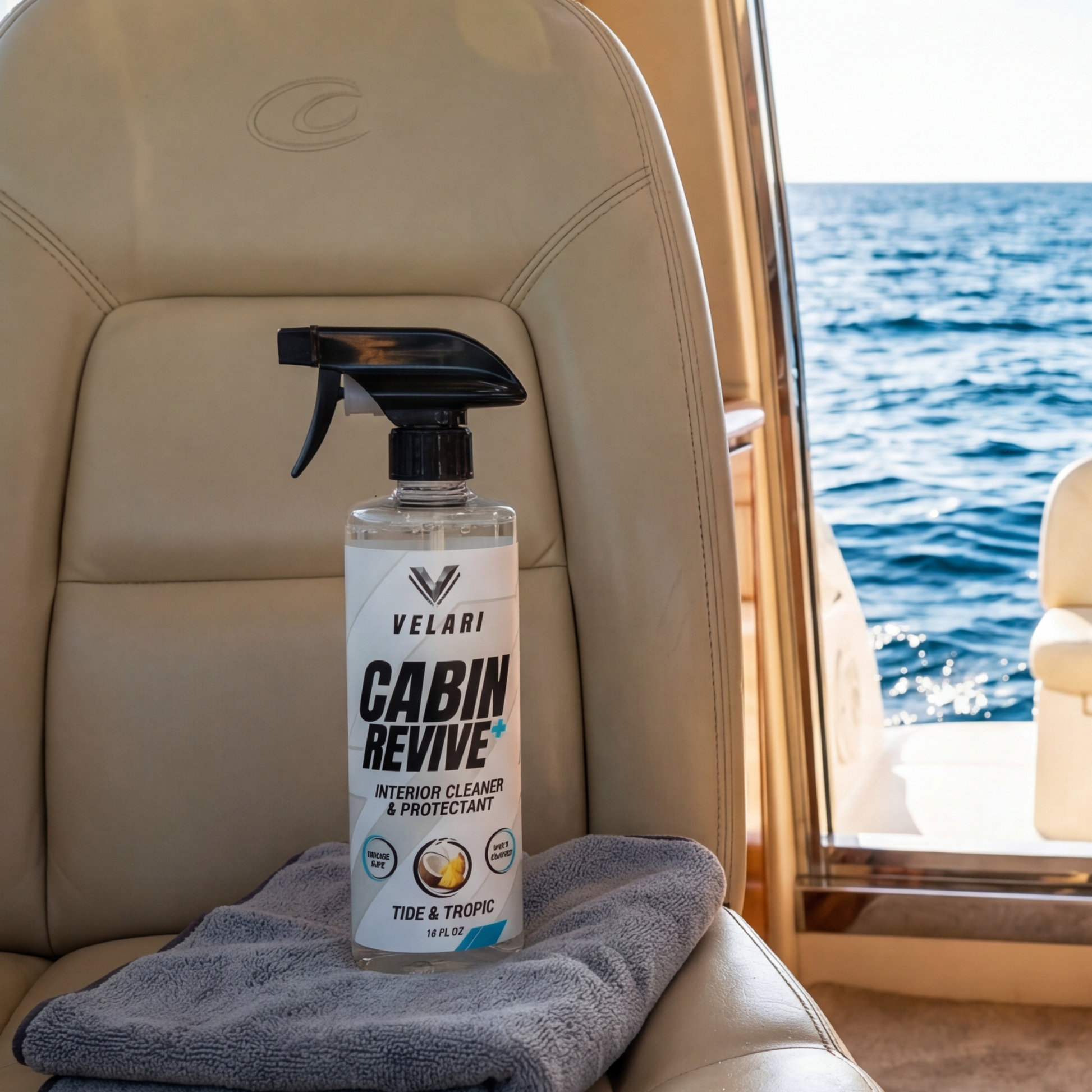 velari cabin revive cleaner with microfiber towel inside boat cabin
